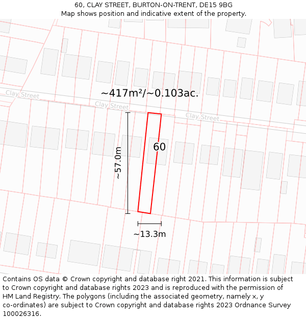 60, CLAY STREET, BURTON-ON-TRENT, DE15 9BG: Plot and title map