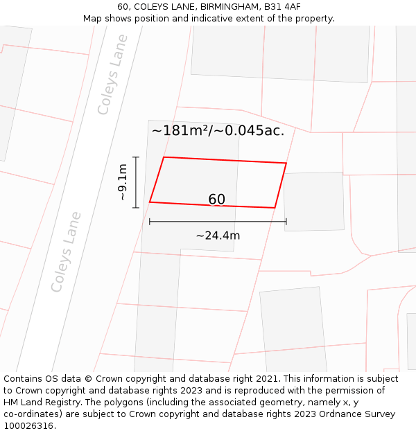 60, COLEYS LANE, BIRMINGHAM, B31 4AF: Plot and title map