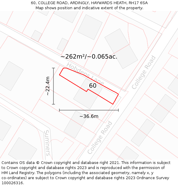 60, COLLEGE ROAD, ARDINGLY, HAYWARDS HEATH, RH17 6SA: Plot and title map