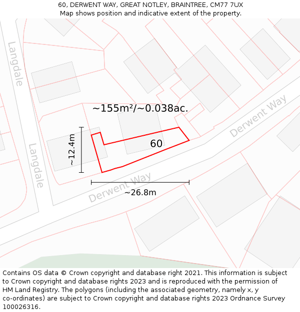 60, DERWENT WAY, GREAT NOTLEY, BRAINTREE, CM77 7UX: Plot and title map