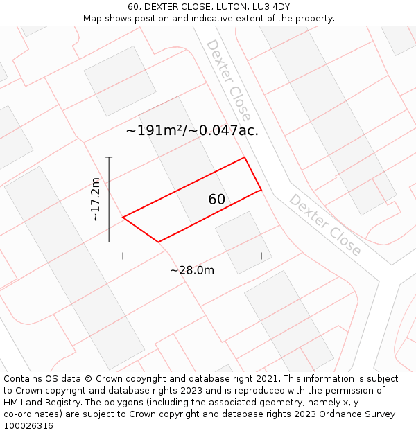 60, DEXTER CLOSE, LUTON, LU3 4DY: Plot and title map