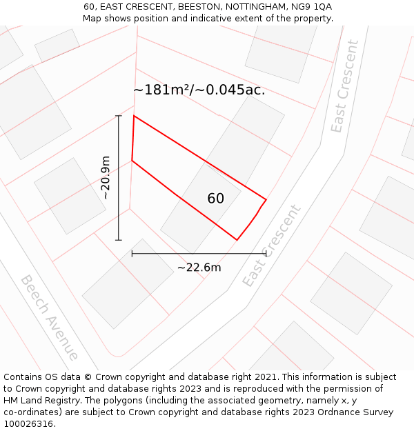 60, EAST CRESCENT, BEESTON, NOTTINGHAM, NG9 1QA: Plot and title map