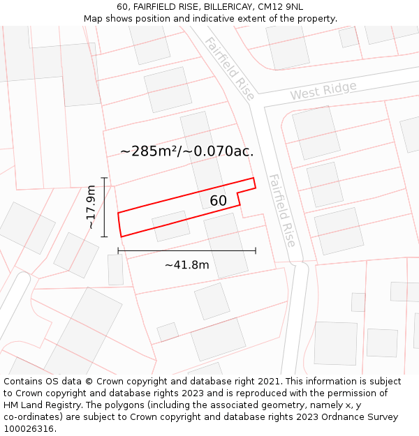 60, FAIRFIELD RISE, BILLERICAY, CM12 9NL: Plot and title map