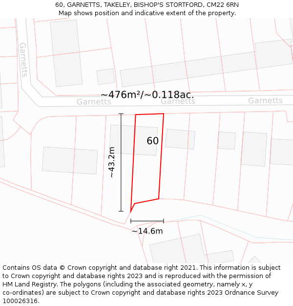 60, GARNETTS, TAKELEY, BISHOP'S STORTFORD, CM22 6RN: Plot and title map