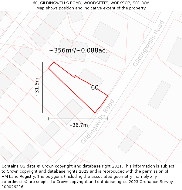 60, GILDINGWELLS ROAD, WOODSETTS, WORKSOP, S81 8QA: Plot and title map