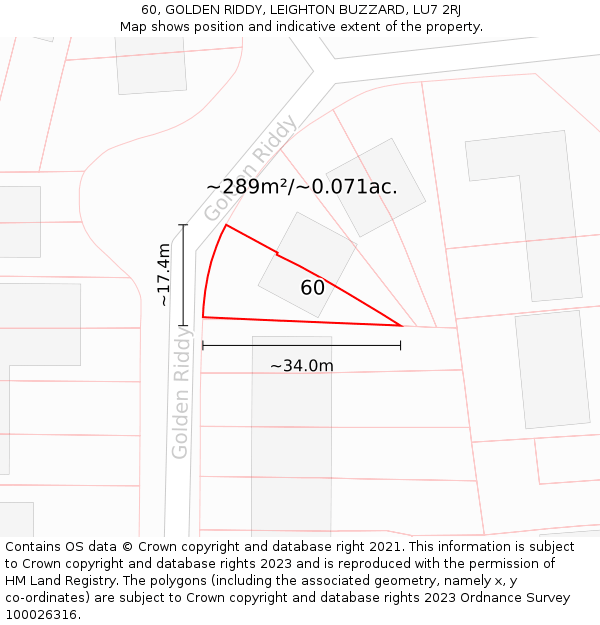 60, GOLDEN RIDDY, LEIGHTON BUZZARD, LU7 2RJ: Plot and title map