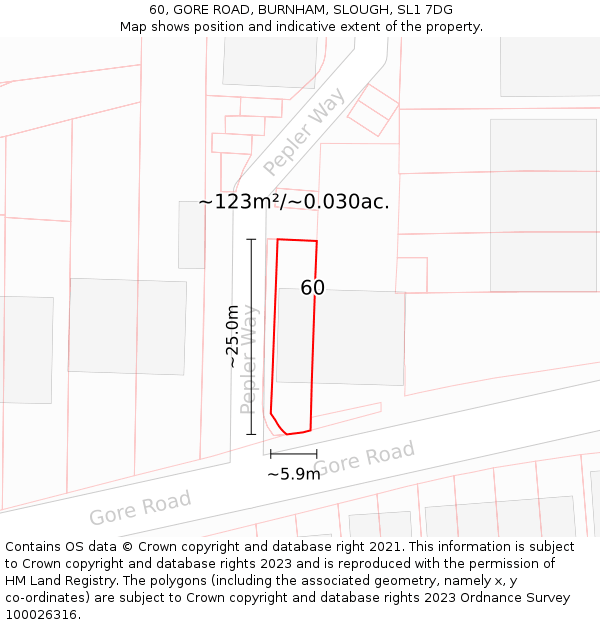 60, GORE ROAD, BURNHAM, SLOUGH, SL1 7DG: Plot and title map