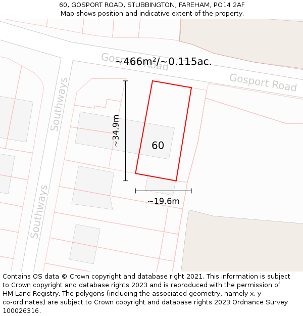 60, GOSPORT ROAD, STUBBINGTON, FAREHAM, PO14 2AF: Plot and title map