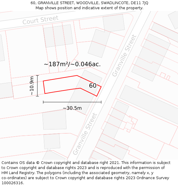 60, GRANVILLE STREET, WOODVILLE, SWADLINCOTE, DE11 7JQ: Plot and title map