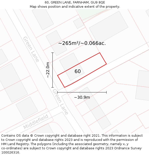 60, GREEN LANE, FARNHAM, GU9 8QE: Plot and title map