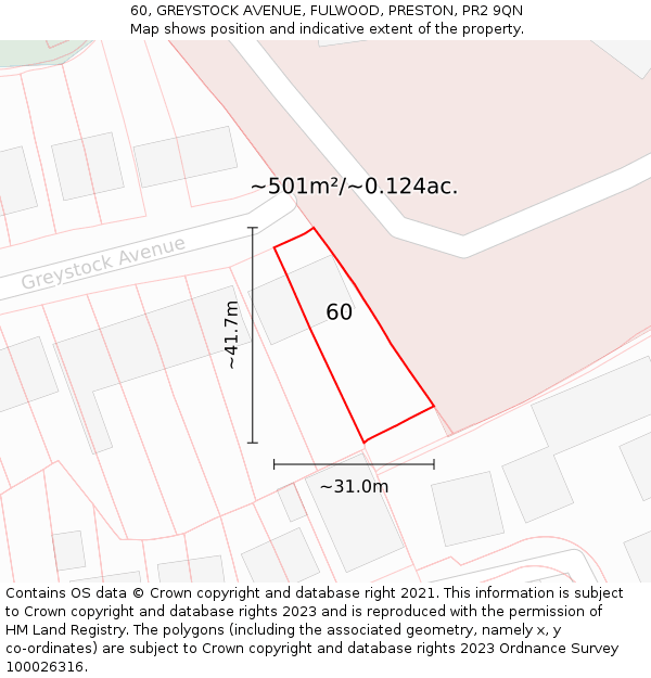 60, GREYSTOCK AVENUE, FULWOOD, PRESTON, PR2 9QN: Plot and title map