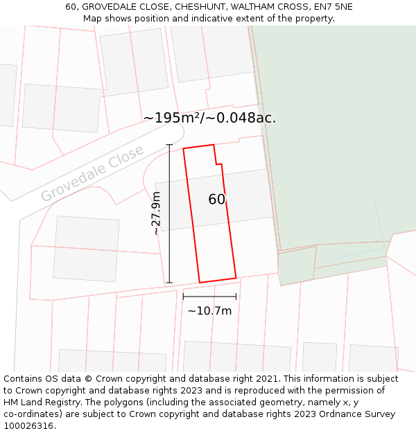 60, GROVEDALE CLOSE, CHESHUNT, WALTHAM CROSS, EN7 5NE: Plot and title map