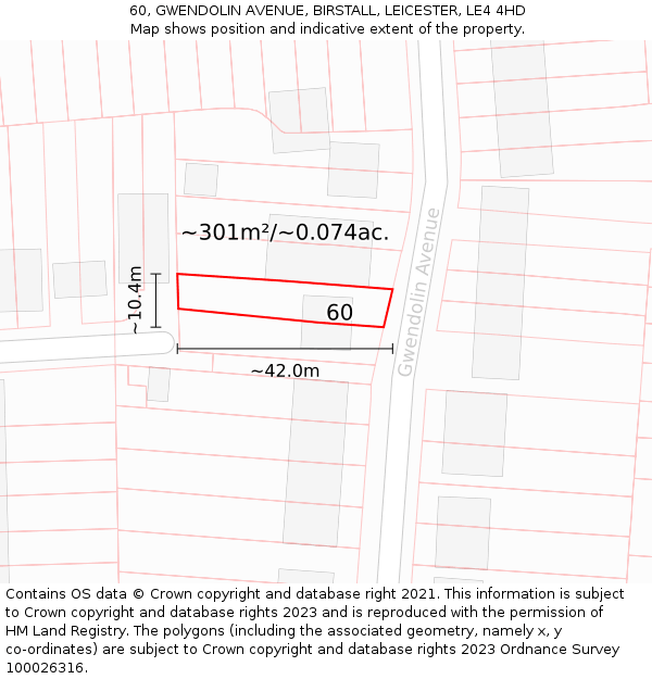 60, GWENDOLIN AVENUE, BIRSTALL, LEICESTER, LE4 4HD: Plot and title map