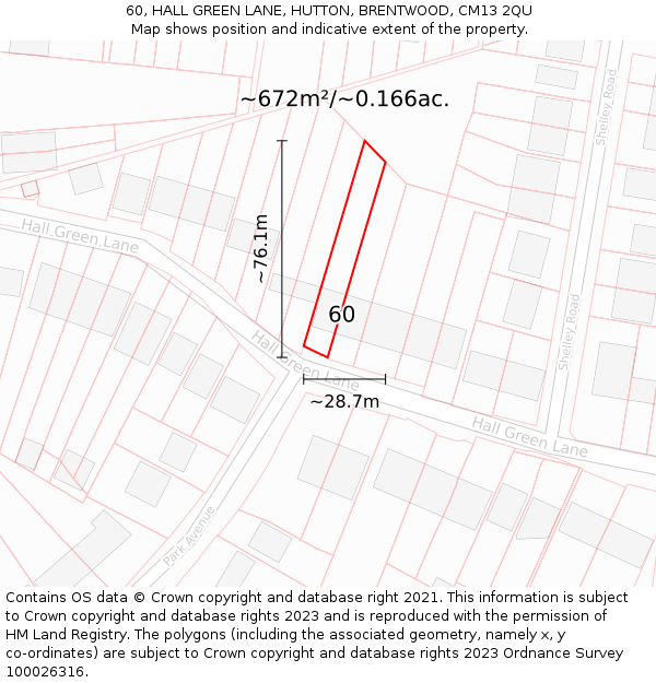 60, HALL GREEN LANE, HUTTON, BRENTWOOD, CM13 2QU: Plot and title map