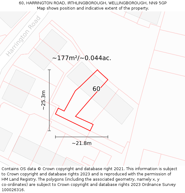 60, HARRINGTON ROAD, IRTHLINGBOROUGH, WELLINGBOROUGH, NN9 5GP: Plot and title map