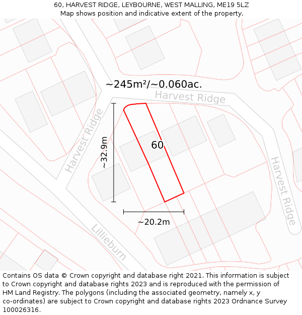 60, HARVEST RIDGE, LEYBOURNE, WEST MALLING, ME19 5LZ: Plot and title map