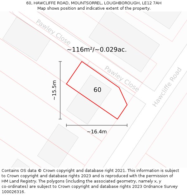 60, HAWCLIFFE ROAD, MOUNTSORREL, LOUGHBOROUGH, LE12 7AH: Plot and title map