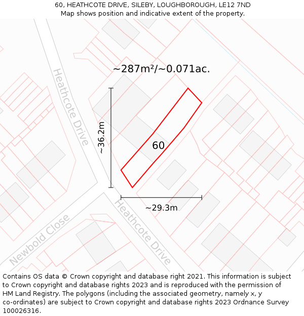 60, HEATHCOTE DRIVE, SILEBY, LOUGHBOROUGH, LE12 7ND: Plot and title map
