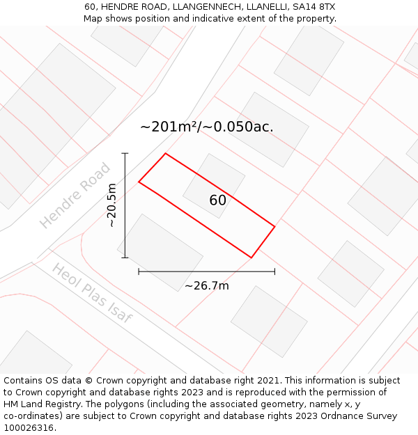 60, HENDRE ROAD, LLANGENNECH, LLANELLI, SA14 8TX: Plot and title map