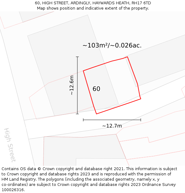 60, HIGH STREET, ARDINGLY, HAYWARDS HEATH, RH17 6TD: Plot and title map