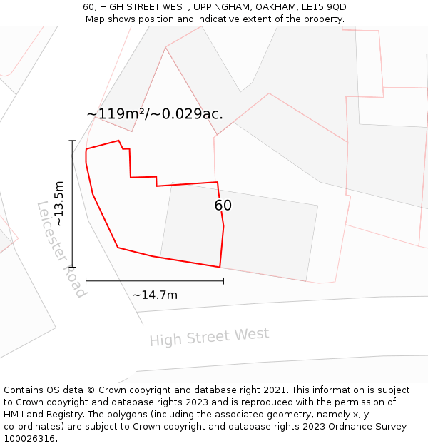 60, HIGH STREET WEST, UPPINGHAM, OAKHAM, LE15 9QD: Plot and title map