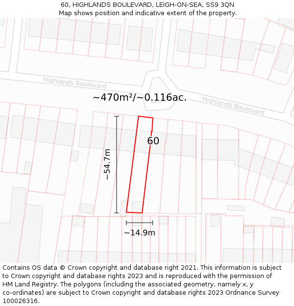 60, HIGHLANDS BOULEVARD, LEIGH-ON-SEA, SS9 3QN: Plot and title map