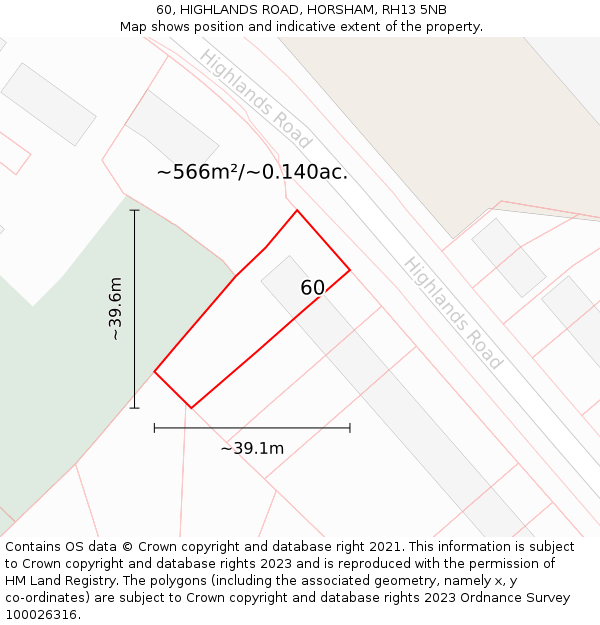 60, HIGHLANDS ROAD, HORSHAM, RH13 5NB: Plot and title map