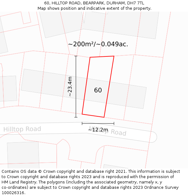 60, HILLTOP ROAD, BEARPARK, DURHAM, DH7 7TL: Plot and title map