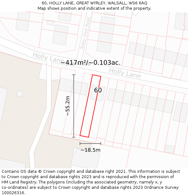 60, HOLLY LANE, GREAT WYRLEY, WALSALL, WS6 6AQ: Plot and title map