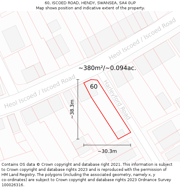 60, ISCOED ROAD, HENDY, SWANSEA, SA4 0UP: Plot and title map