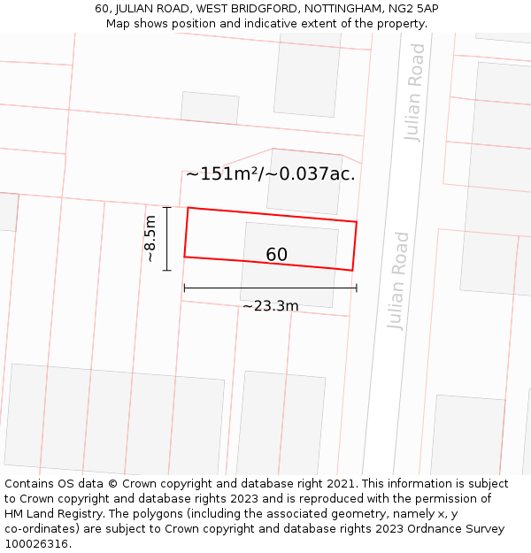 60, JULIAN ROAD, WEST BRIDGFORD, NOTTINGHAM, NG2 5AP: Plot and title map