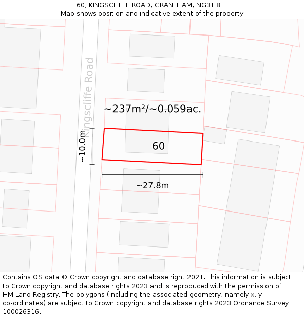 60, KINGSCLIFFE ROAD, GRANTHAM, NG31 8ET: Plot and title map