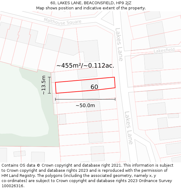 60, LAKES LANE, BEACONSFIELD, HP9 2JZ: Plot and title map