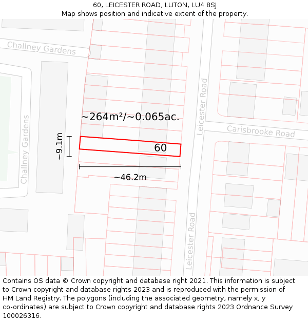 60, LEICESTER ROAD, LUTON, LU4 8SJ: Plot and title map