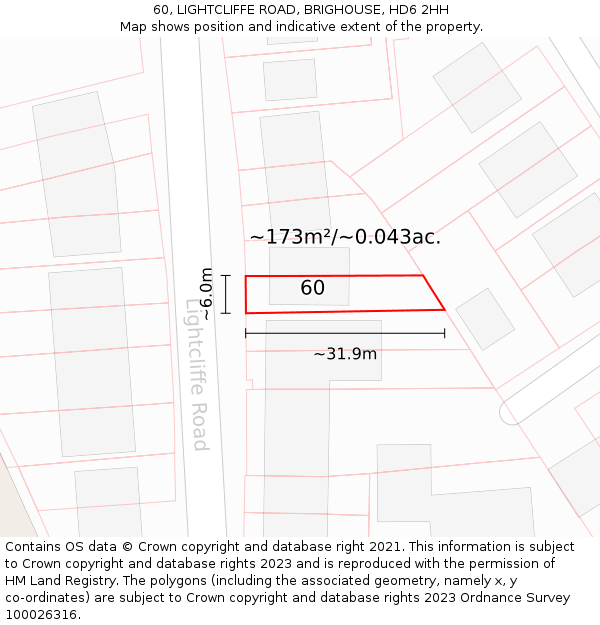 60, LIGHTCLIFFE ROAD, BRIGHOUSE, HD6 2HH: Plot and title map