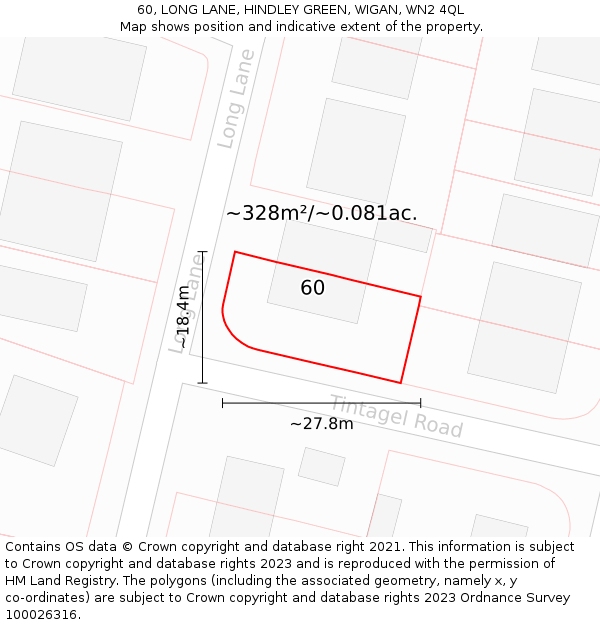 60, LONG LANE, HINDLEY GREEN, WIGAN, WN2 4QL: Plot and title map