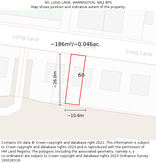 60, LONG LANE, WARRINGTON, WA2 8PS: Plot and title map