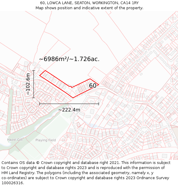 60, LOWCA LANE, SEATON, WORKINGTON, CA14 1RY: Plot and title map