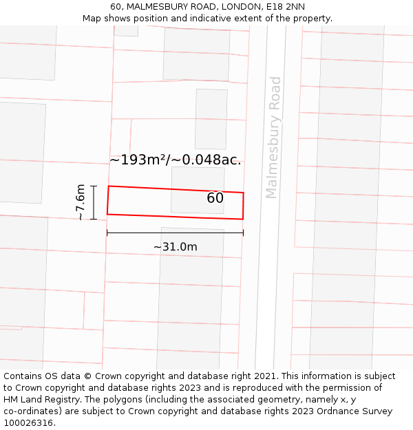 60, MALMESBURY ROAD, LONDON, E18 2NN: Plot and title map