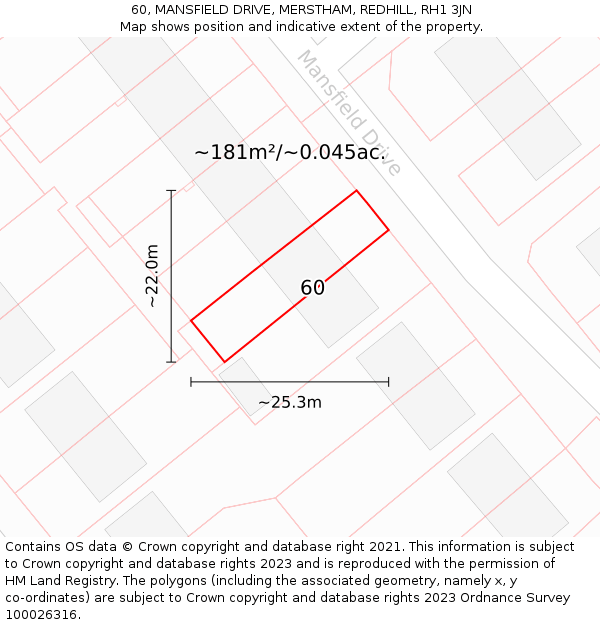 60, MANSFIELD DRIVE, MERSTHAM, REDHILL, RH1 3JN: Plot and title map