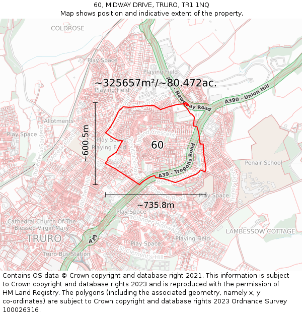 60, MIDWAY DRIVE, TRURO, TR1 1NQ: Plot and title map