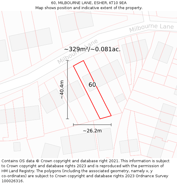 60, MILBOURNE LANE, ESHER, KT10 9EA: Plot and title map