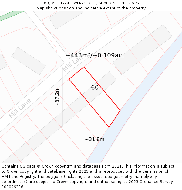 60, MILL LANE, WHAPLODE, SPALDING, PE12 6TS: Plot and title map