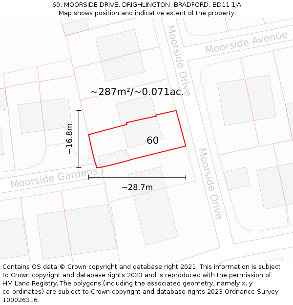 60, MOORSIDE DRIVE, DRIGHLINGTON, BRADFORD, BD11 1JA: Plot and title map