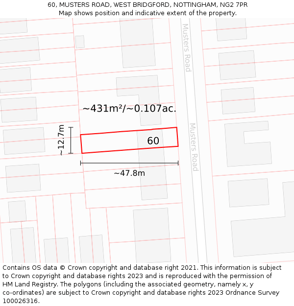 60, MUSTERS ROAD, WEST BRIDGFORD, NOTTINGHAM, NG2 7PR: Plot and title map