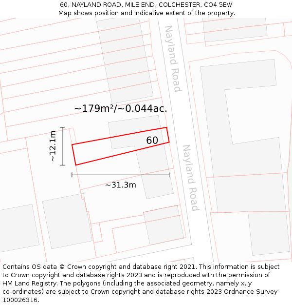 60, NAYLAND ROAD, MILE END, COLCHESTER, CO4 5EW: Plot and title map