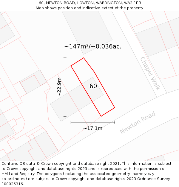 60, NEWTON ROAD, LOWTON, WARRINGTON, WA3 1EB: Plot and title map