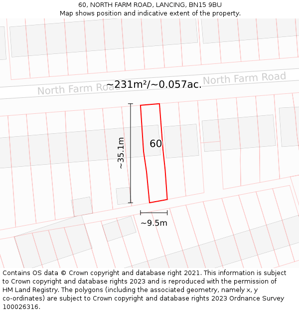 60, NORTH FARM ROAD, LANCING, BN15 9BU: Plot and title map