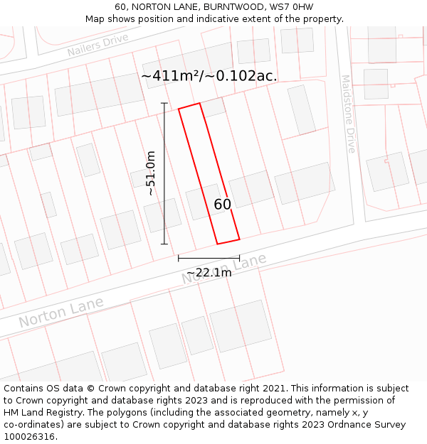 60, NORTON LANE, BURNTWOOD, WS7 0HW: Plot and title map