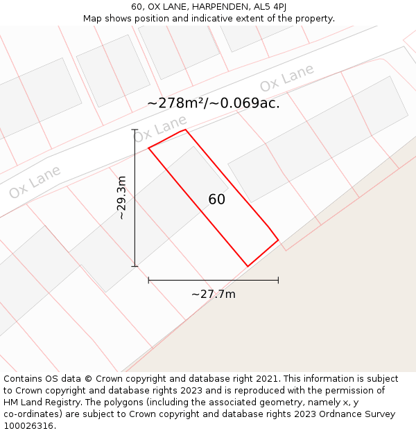 60, OX LANE, HARPENDEN, AL5 4PJ: Plot and title map